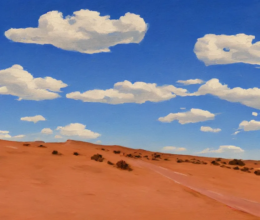 Image similar to a very detailed painting of one billboard in the empty desert, baby blue sky with very aesthetic stylized clouds, in the style of edward hopper, very small brushstrokes, 4 k,