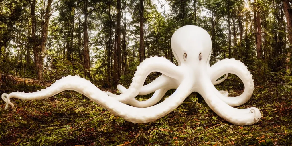 Prompt: a highly detailed giant white octopus god floating in the middle of a forest, beautiful ambient light, sun rays hitting the slightly transparent creature, golden hour, 8k photography