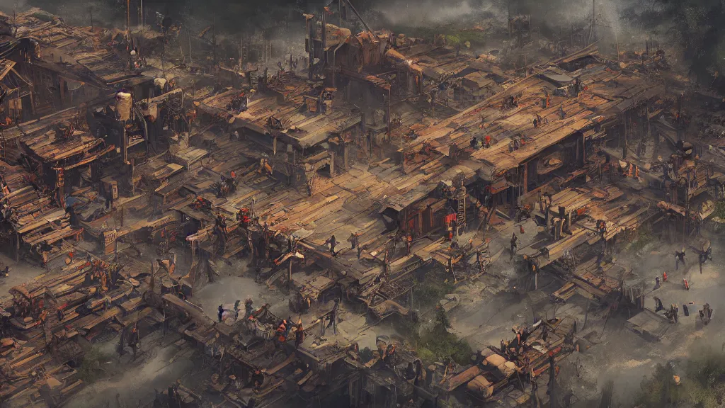 Prompt: top down view of lumberyard with lumberjacks, papyrus, watercolored, jakub rozalski, dark colours, dieselpunk, artstation