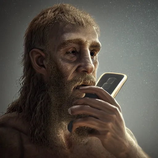 Prompt: realistic photo portrait of a prehistoric man giving a phone call, volumetric lights, trending on artstation, studio photo, intricate details, highly detailed