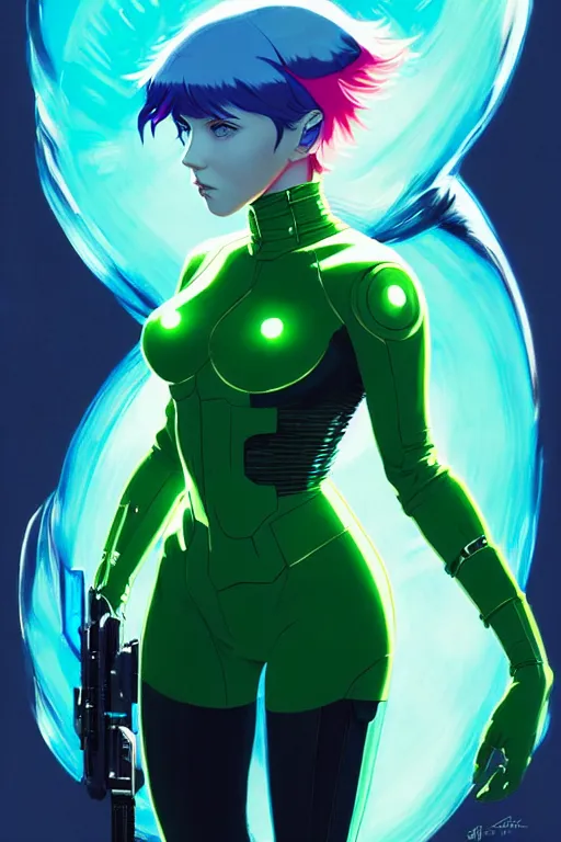 Image similar to style artgerm, joshua middleton, illustration, scarlett johansson as cyber punk warrior ghost in the shell wearing green pelt light armor, anime eyes, blue hair, swirling water cosmos, fantasy, dnd, cinematic lighting