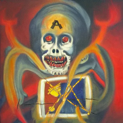 Image similar to portre of an autistic demon on acid, masonic and kabalistic symbols in background, oil painting