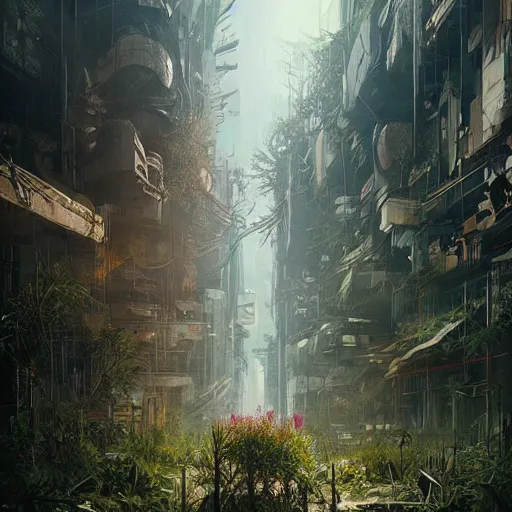 Image similar to cyberpunk dystopia overgrown by plants, dark surrealism, Greg Rutkowski