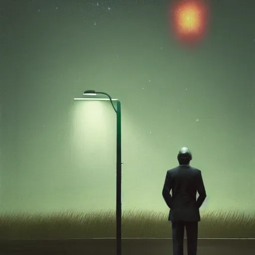 Image similar to a portrait of a lonely man with a skull as his head, green dramatic and cinematic light from the streetlight, the background is the sky full of stars, in the style of edward hopper, 4 k,