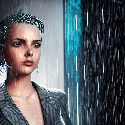 Image similar to cinematic, cartoon women portrait made out of rain, pinstripe suit, short hair, cyberpunk background, rendered in octane, unreal engine, highly detailed, trending on artstation, realistic, neon, beautiful