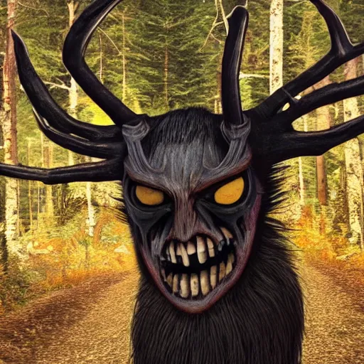 Image similar to trail cam footage of a wendigo, horror, hyper realistic, photorealistic, highly detailed