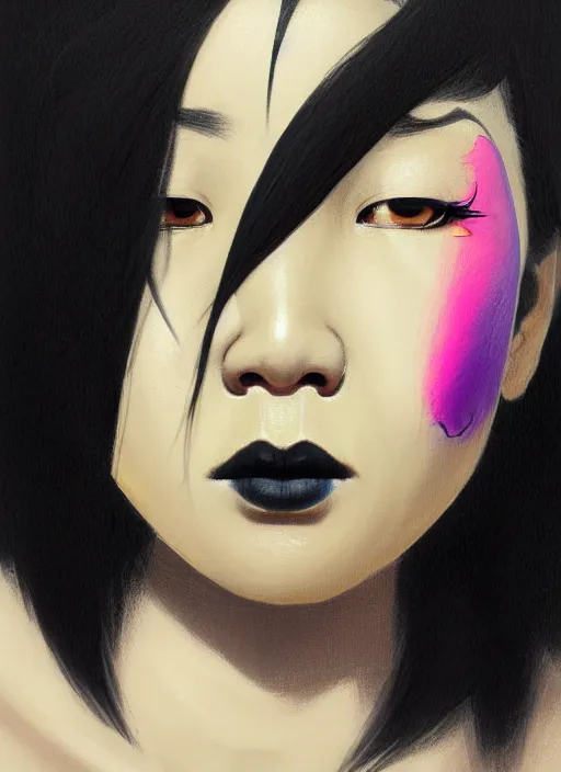 Prompt: portrait of a thai woman with crooked nose and a confident expression, 1 9 6 0 s, black clothes, goth, punk, brightly coloured hair, funk, intricate, elegant, highly detailed, digital painting, artstation, concept art, smooth, sharp focus, illustration, art by wlop, mars ravelo and greg rutkowski