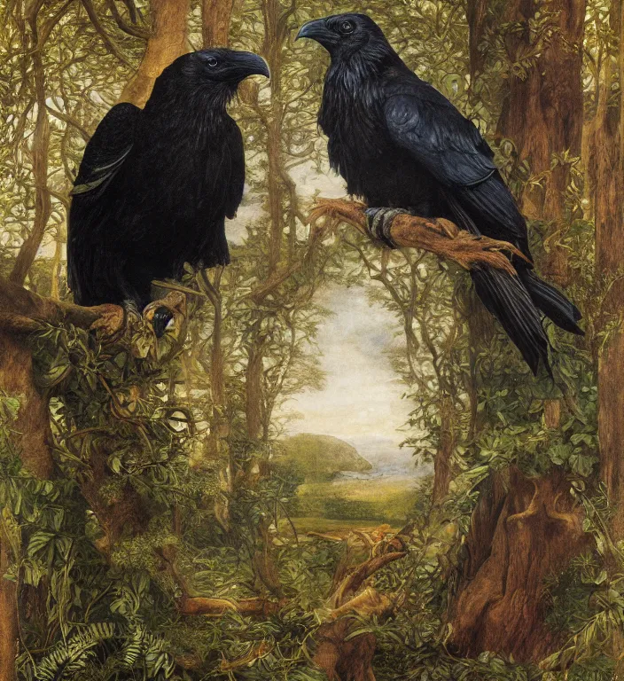 Image similar to a breathtakingly stunningly pre raphaelite beautifully highly detailed close up animal portrait of a majestic raven, in an forest arch with smokey water reflections, framed, by rosetti and devinci and michael cheval and sidney cooper and turner, 4 k