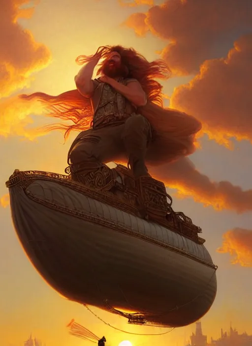 Image similar to portrait painting of a handsome face rugged long hair crimson hair male pirate, top half portrait soft hair steampunk ornate zeppelin blimp airship in the background sky sunset golden hour fantasy soft hair deviantart book cover art dramatic volumetric lighting art by wlop greg rutkowski gaston bussiere