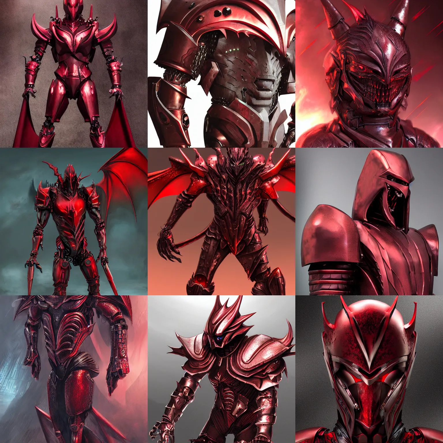 Prompt: ominous cybernetic humanoid figure with dark red matte metallic thick armor plates as skin, dragon head, epic fantasy artwork, evil