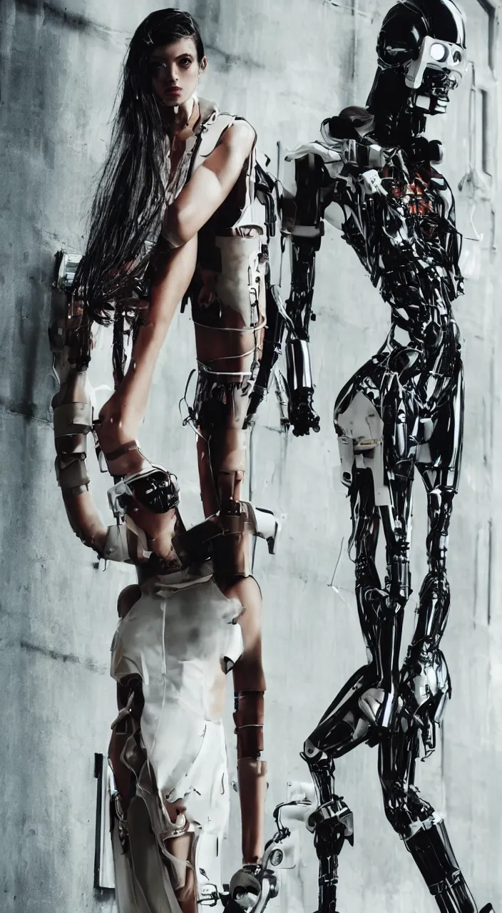 Prompt: android, cyberpunk, artificial limbs, vogue photoshoot, glamour, long dress