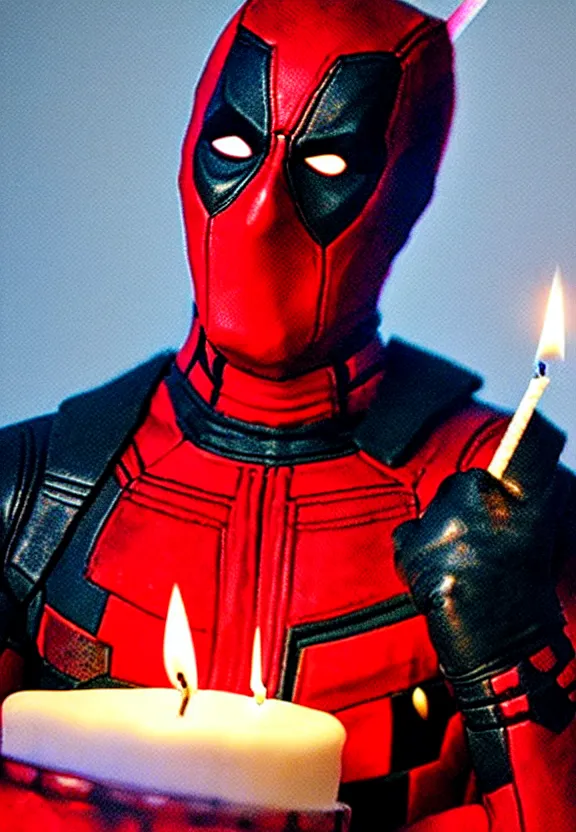 Prompt: a postcard with still film, deadpool holding a birthday cake in bergen norway, candles in his head, high resolution