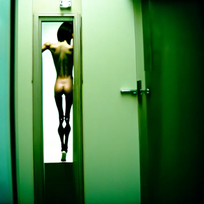 Image similar to skinny agile cyborg trying to claw its way out of a bathroom stall, nightmare, horror, 3 5 mm, film shot