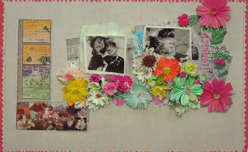 Prompt: retro scrapbook page filled with photos of flowers