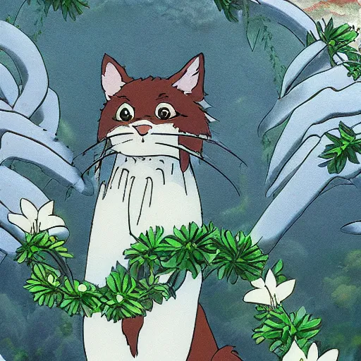 Image similar to furr creature at the flower made by studio ghibli, detail, high quality