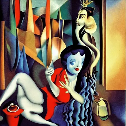 Image similar to Alice in Wonderland by Salvador Dali and Tamara de Lempicka, atmospheric lighting