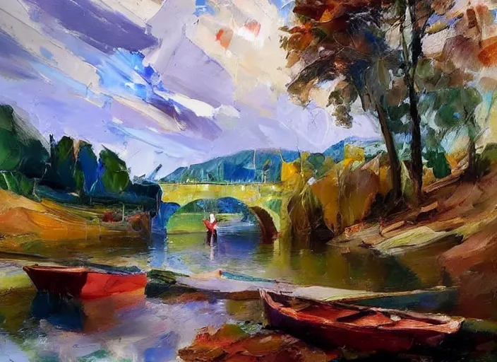 Image similar to palette knife, impasto oil painting of calm river with wooden boat, stone bridge, by hans hofmann, by frank auerbach, thick paint brush strokes, art by anders zorn, wonderful masterpiece by greg rutkowski, beautiful cinematic light, american romanticism by greg manchess, creation by tyler edlin