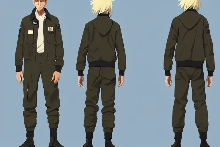 Image similar to character sheet of handsome young man wearing ma - 1 flight suit jacket and work pants, blonde hair, by greg rutkowski and studio ghibli, digital art, trending on artstation, highly detailed, concept art, beautiful, masterpiece