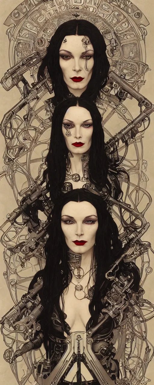 Image similar to a beautiful and captivating art nouveau industrial style portrait of morticia adams as a heavy metal rebel soldier by chris achilleos, travis charest and alphonse mucha, mixed media painting, photorealism, extremely hyperdetailed, perfect symmetrical facial features, perfect anatomy, ornate declotage, circuitry, technical detail, confident expression