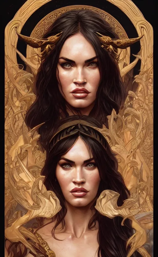 Image similar to portrait of megan fox as the goddess circe, greek mythology, intricate, headshot, highly detailed, digital painting, artstation, concept art, sharp focus, cinematic lighting, illustration, art by artgerm and greg rutkowski, alphonse mucha, cgsociety