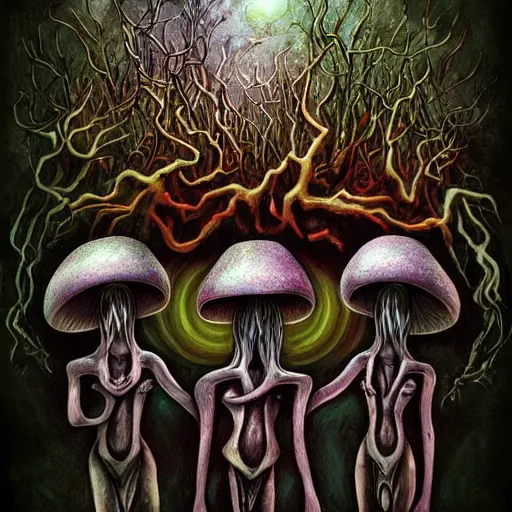 Image similar to the dark and ominous mushroom spirit tribe that wants you to bite off your own tongue so they can keep it for themselves, in a psychedelic darkfantasy style by amanda sage and anton semenov