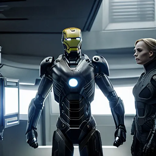 Prompt: prometheus movie still frame by giger, onyx and alabaster cyclops mcu ironman