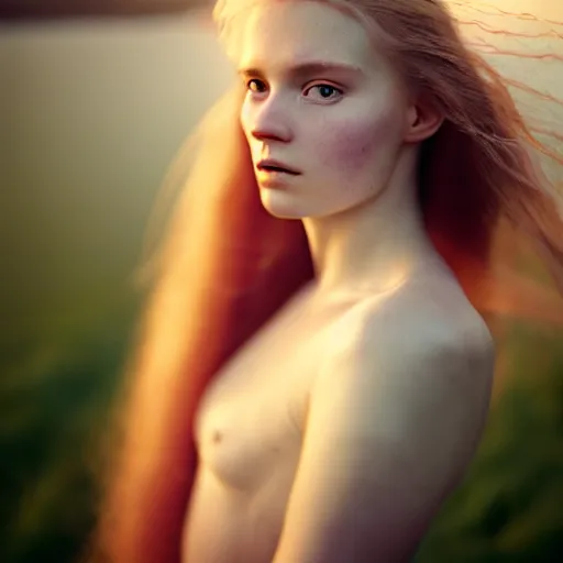 Prompt: photographic portrait of a stunningly beautiful ethereal highland renaissance female in soft dreamy light at sunset, beside the river, soft focus, contemporary fashion shoot, hasselblad nikon, in a denis villeneuve and tim burton movie, by edward robert hughes, annie leibovitz and steve mccurry, david lazar, jimmy nelsson, extremely detailed, breathtaking, hyperrealistic, perfect face