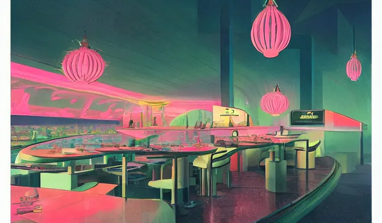 Image similar to a beautiful, sharp focus, clean lines. the interior of an art deco undersea restaurant. vaporwave ombre rendering. outrun style. fish. neon backlit jellyfish. trending on artstation. recommended for you behance. by chris moore. by edward hopper. ambient occlusion. digital matte painting. metropolis filmic. gotham city.