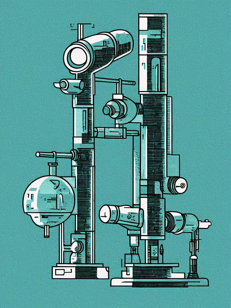 Image similar to editorial illustration scientific lab test tube telescope microscope spaceship, fine texture, dynamic composition, detailed, matte print, dynamic perspective, halftone texture, colorful modern, mads berg