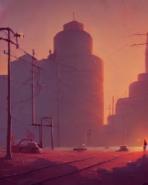 Prompt: a beautiful painting of apocalyptic soviet ruined city, by simon stalenhag, cory loftis, james gilleard, atey ghailan, rim light, exquisite lighting, clear focus, very coherent, plain background, soft painting