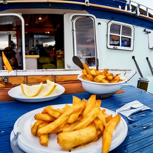 Prompt: fish and chips on the back deck of a fishing trawler