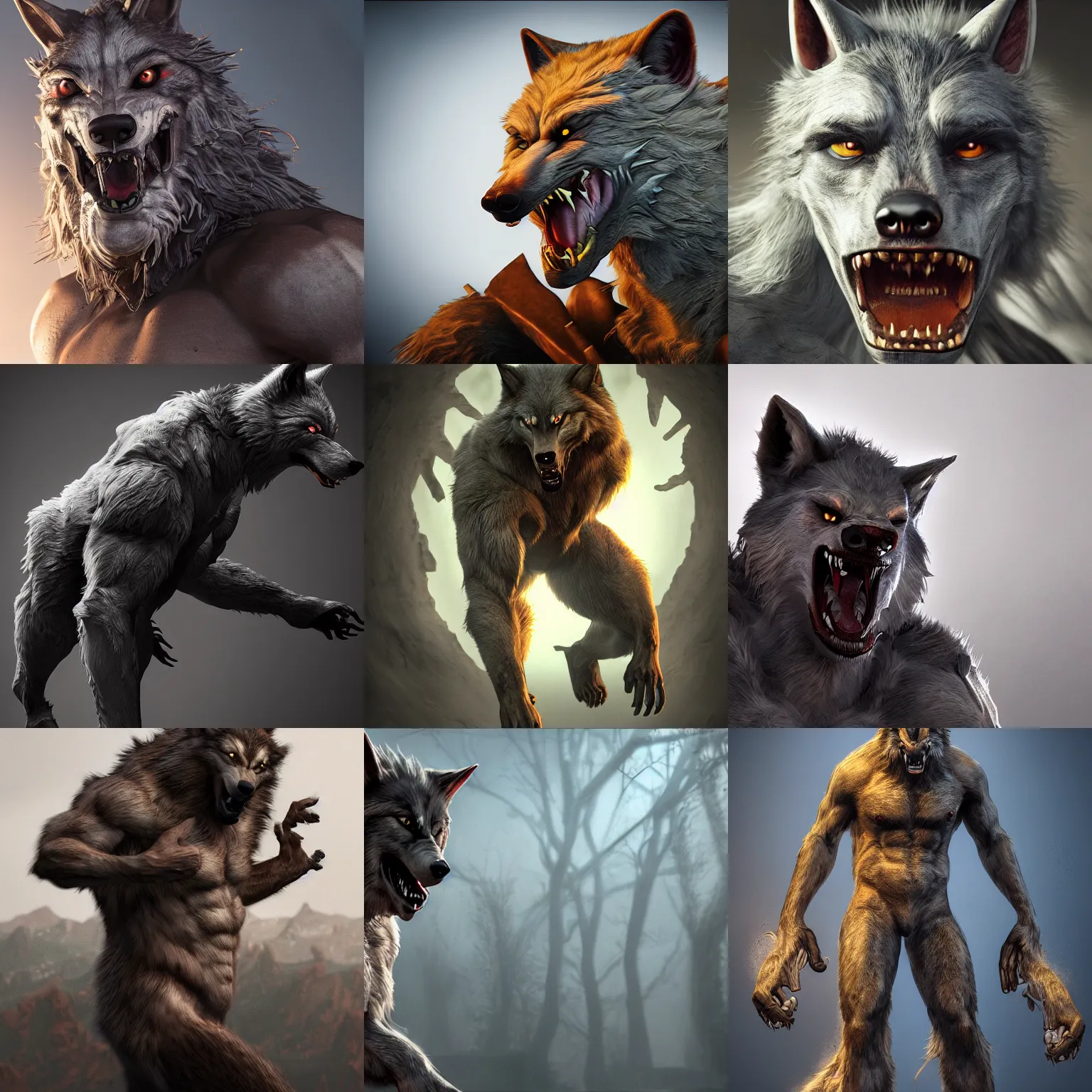 Prompt: Werewolf, high detail, ultra fantasy realism, high modernization, myths and legends, top level rendering, dynamic lighting, high saturation, cinematic, artstation, octane Render Substance Designer