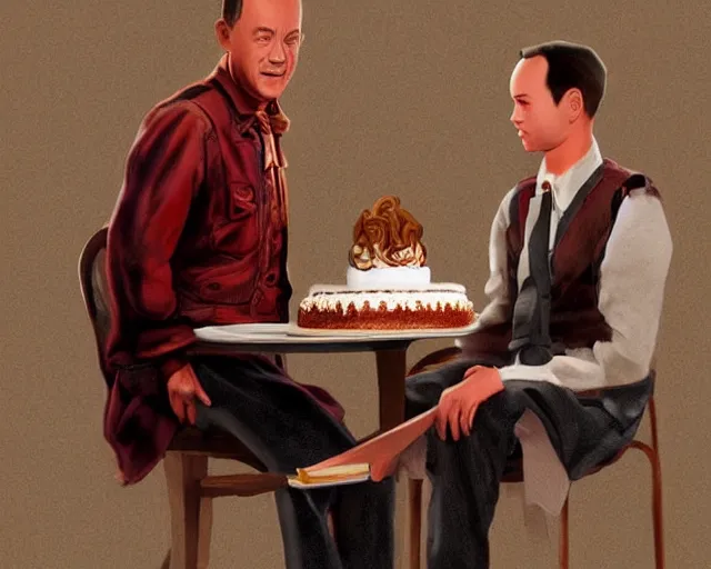 Image similar to tom hanks as forrest gump eating a cake in hogwarts, digital art, highly detailed, artstation, award winning, in the style of David Villegas