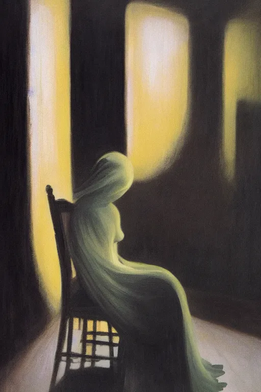 Prompt: dark figure seated on chair, face covered with veil, fog, early morning, , painted by Edward Hopper and Francis Bacon, painted by Wayne Barlow, airbrush, art by TakatoYamamoto