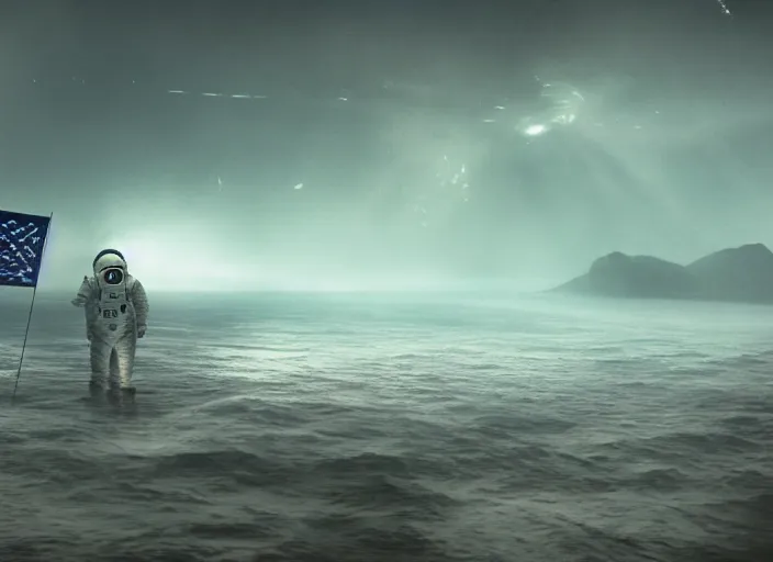 Image similar to astronaut holding a flag in an underwater desert. a submarine is visible in the distance. dark, concept art, cinematic, dramatic, atmospheric, 8 k, trending on artstation, blue, fish, low visibility, fog, ocean floor, christopher nolan, interstellar