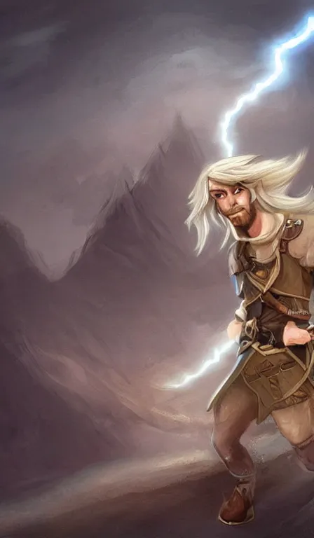 Image similar to cute whimsical half - elf sorcerer rogue running leaving a trail of lightning, brown leather tunic, ( ( ( ( ( ( chris pratt ) ) ) ) ) ), light grey - blue hair, d & d, fantasy, portrait, highly detailed, digital painting