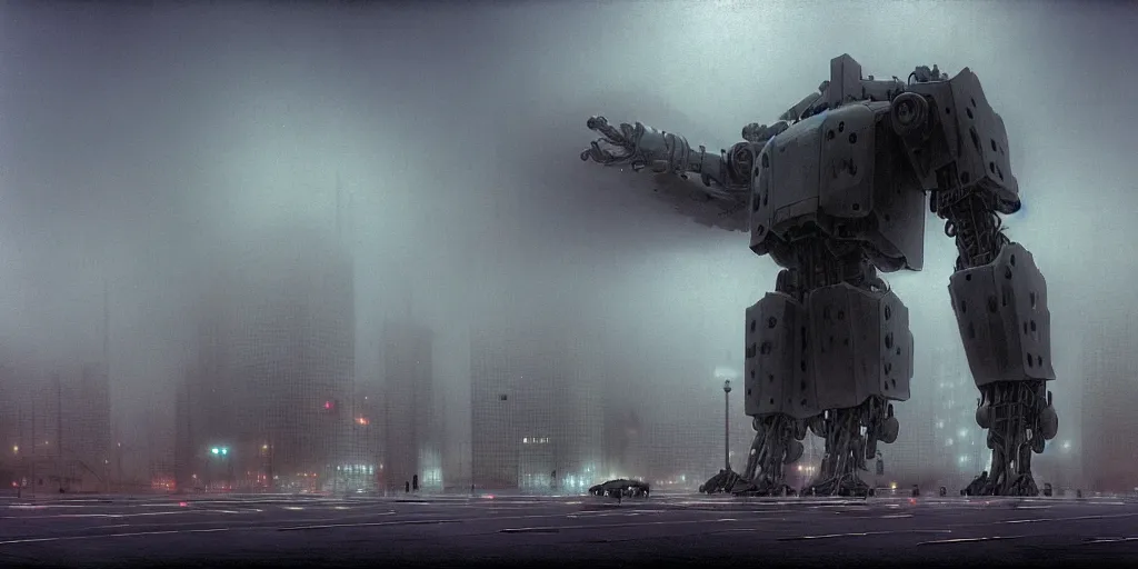 Image similar to matte painting of gigantic huge mech covered with wounds, black, pastel matte colors, staying in the foggy huge parking station, by moebius, hyperrealism, intricate detailed