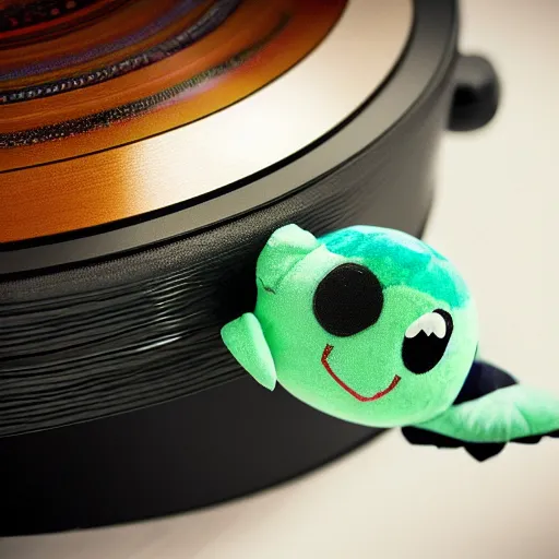 Prompt: a cute turtle plushie on top of a vinyl record player, 30mm, trending on ArtStation, deviantart, high detail, stylized portrait