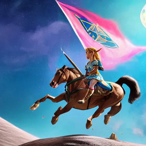 Prompt: A hyper real comic book style portait painting of Zelda the princess, riding a horse on the moon, Triforce flag on the ground, unreal 5, hyperrealistic, octane render, cosplay, RPG portrait, dynamic lighting