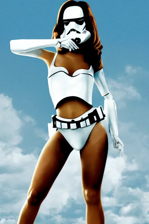 Prompt: propaganda poster of a full body shot portrait of a sexy stormtrooper in white bikini by geoff johns, sexy pose