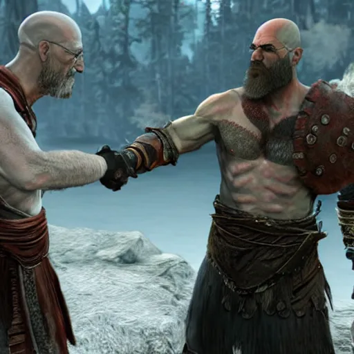Image similar to walter white shaking hands with kratos from god of war