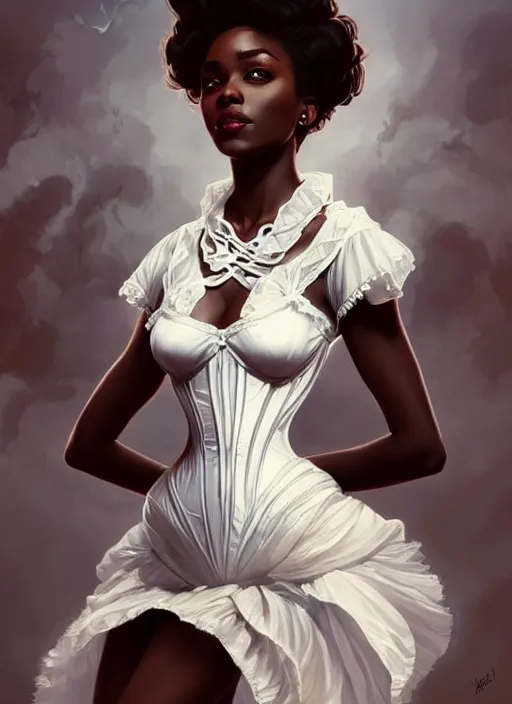 Image similar to cute black woman wearing a white corset dress, fantasy, intricate, highly detailed, digital painting, artstation, concept art, wallpaper, smooth, sharp focus, illustration, art by artgerm and greg rutkowski and alphonse mucha