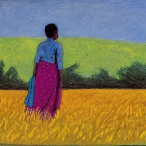 Prompt: a woman standing in a field in the style of alphonse muncha