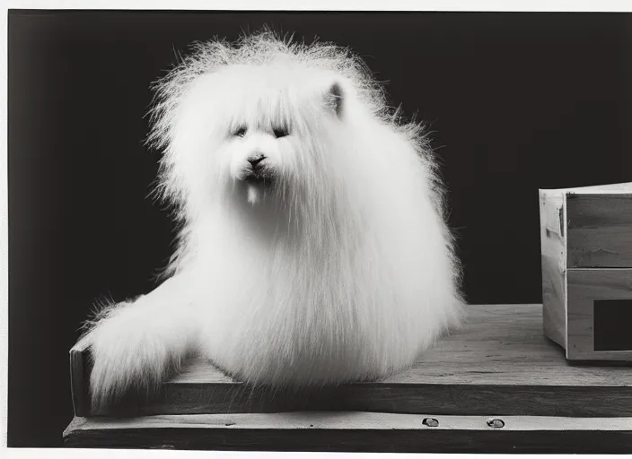 Prompt: realistic documentary photo of a white fireworks white hairy fur fluffy, in a wooden box, front view, grain 1 9 9 0, life magazine reportage photo, metropolitan museum photo