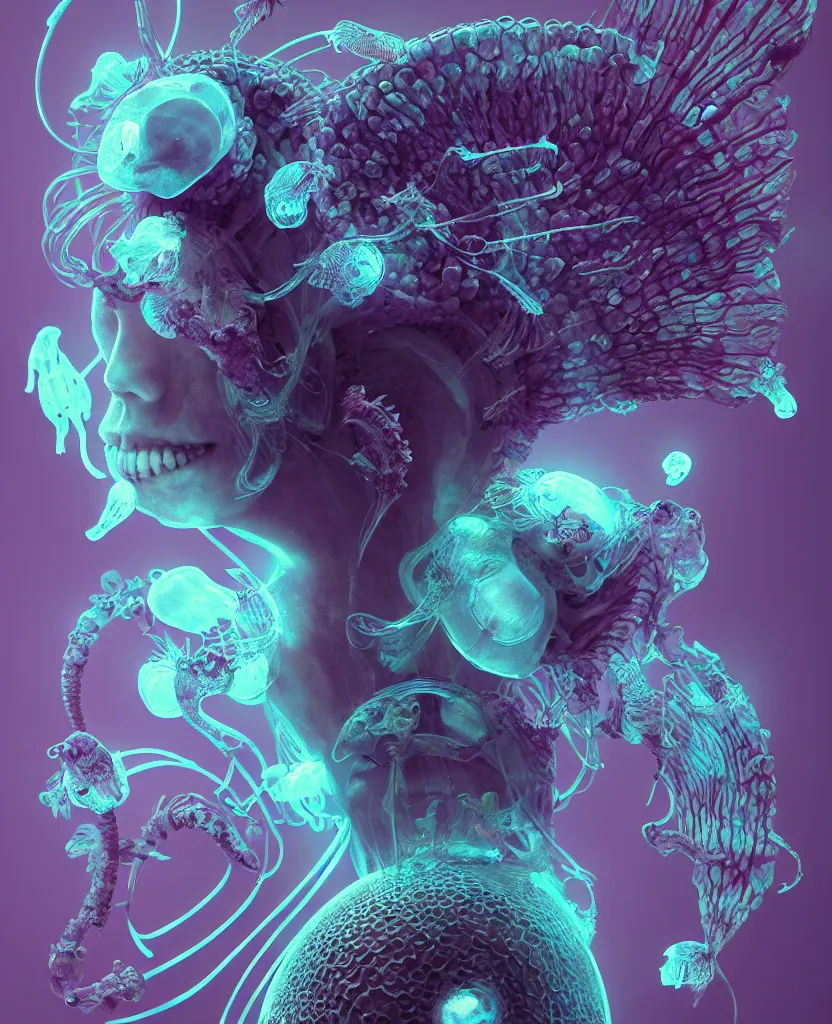 Image similar to goddess close-up portrait ram skull, thorax, x-ray, backbone, jellyfish phoenix head, nautilus, orchid, skull, betta fish, bioluminiscent creatures, intricate artwork by Tooth Wu and wlop and beeple. octane render, trending on artstation, greg rutkowski very coherent symmetrical artwork. cinematic, hyper realism, high detail, octane render, 8k