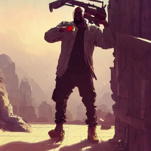 Prompt: highly detailed portrait kanye west holding pistol! gta v stephen bliss unreal engine fantasy art by greg rutkowski loish rhads ferdinand knab makoto shinkai lois van baarle ilya kuvshinov rossdraws tom bagshaw global illumination radiant light detailed intricate environment