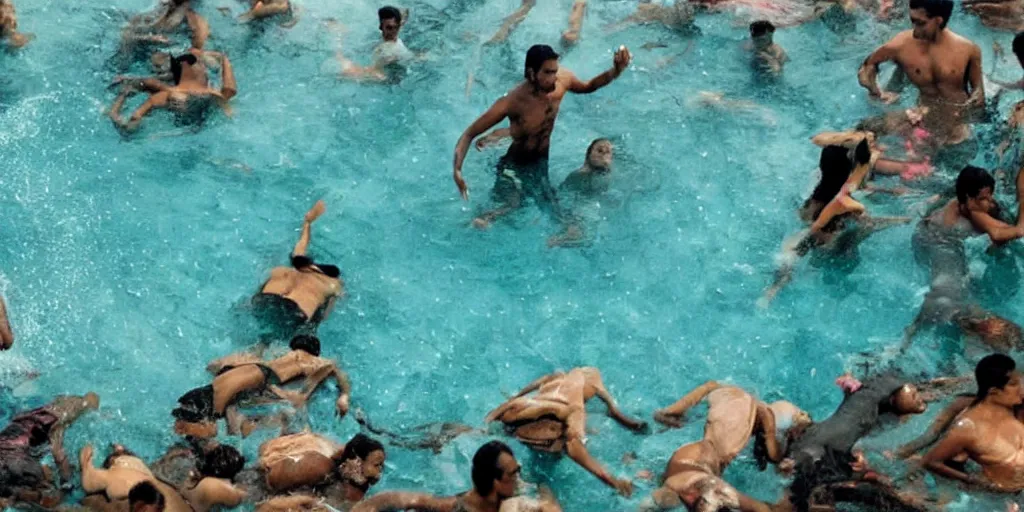 Image similar to sri lankan submerged in a pool, film still, thriller movie style