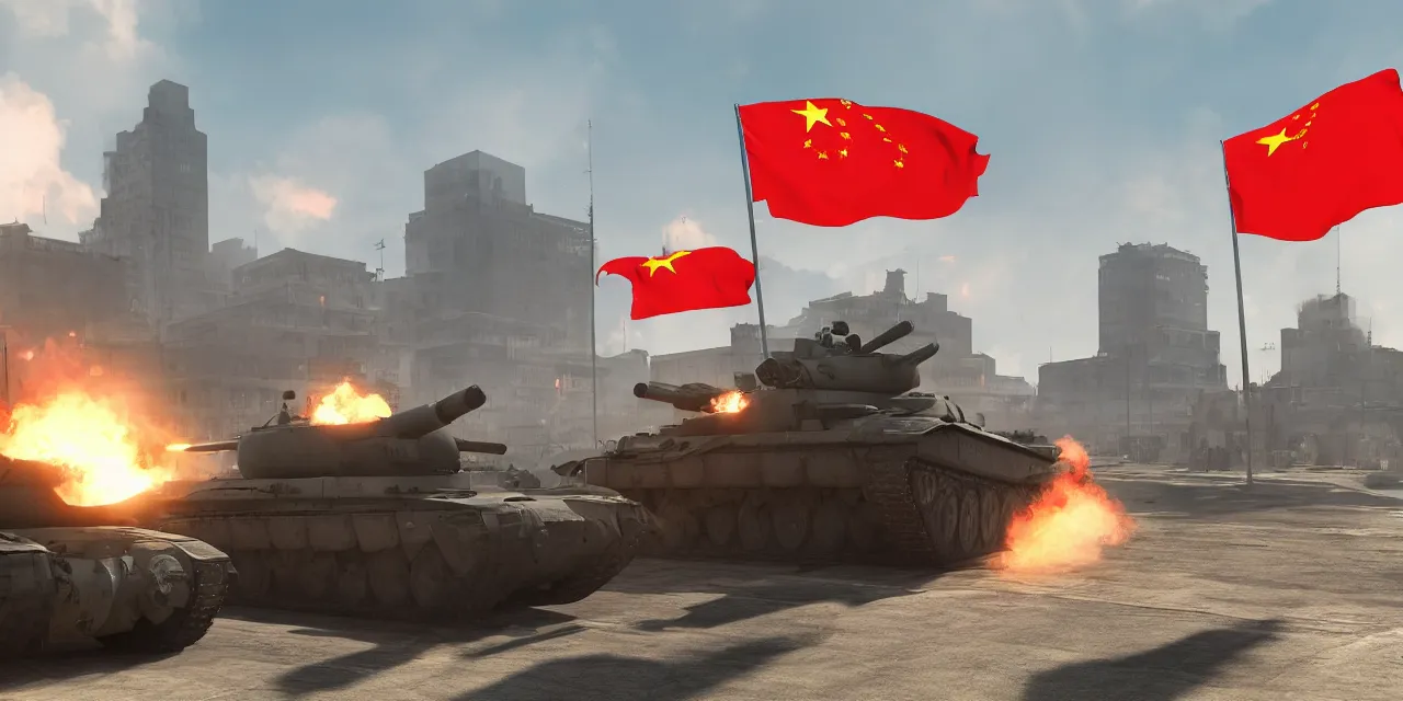 Prompt: tanks burning city, army, china, communist flag, volumetric lighting, unreal engine, realistic