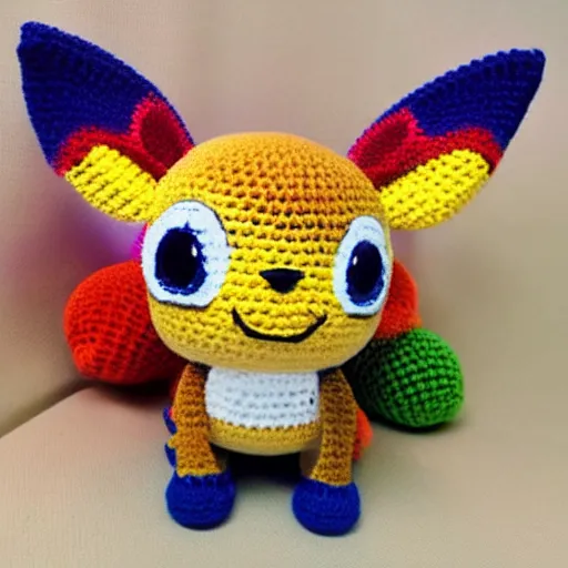 Prompt: rainbow coloured crochet eevee from pokemon