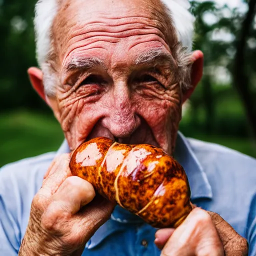 Image similar to An elderly man posting a sausage, Canon EOS R3, f/1.4, ISO 200, 1/160s, 8K, RAW, unedited, symmetrical balance, in-frame